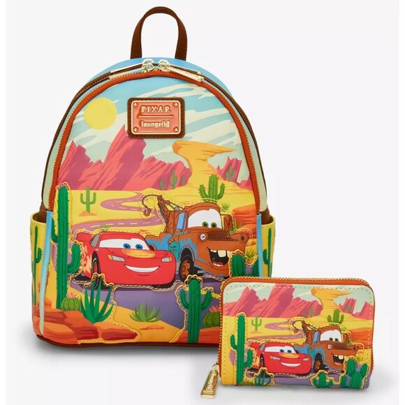 Loungefly Handbags - Loungefly Pixar Cars Lightning McQueen Tow Mater Desert Backpack and Wallet NWT
